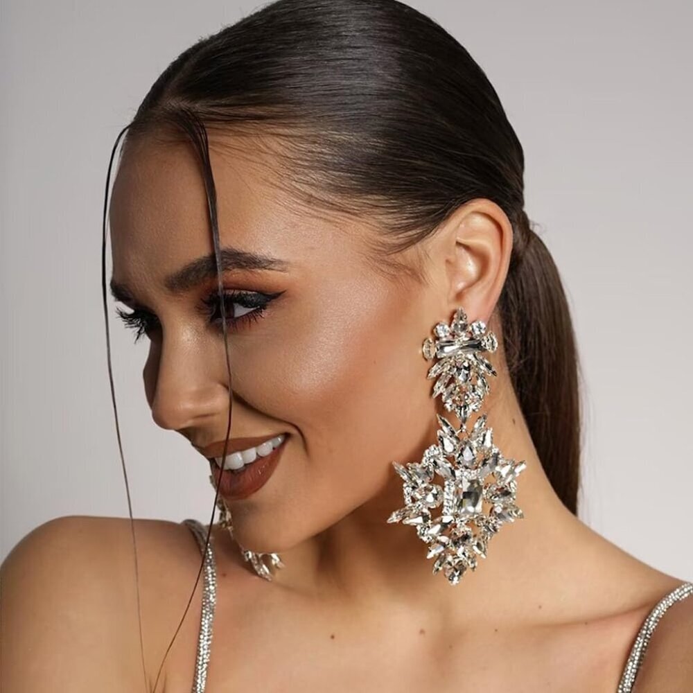 Silver Rhinestone Earrings Large Dangle Statement… - image 2